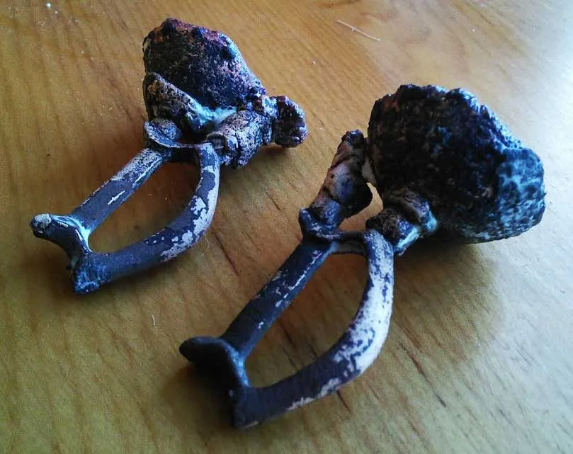 Two rough cast buckles with sprue still attached, on a wooden table
